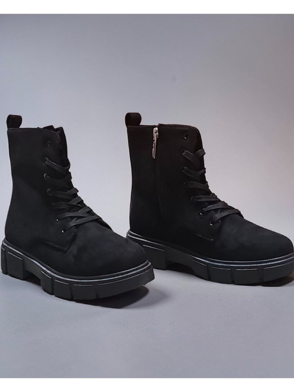 Black Chunky Platform Lace-Up Ankle Boots With Side Zipper Faux Suede Material W